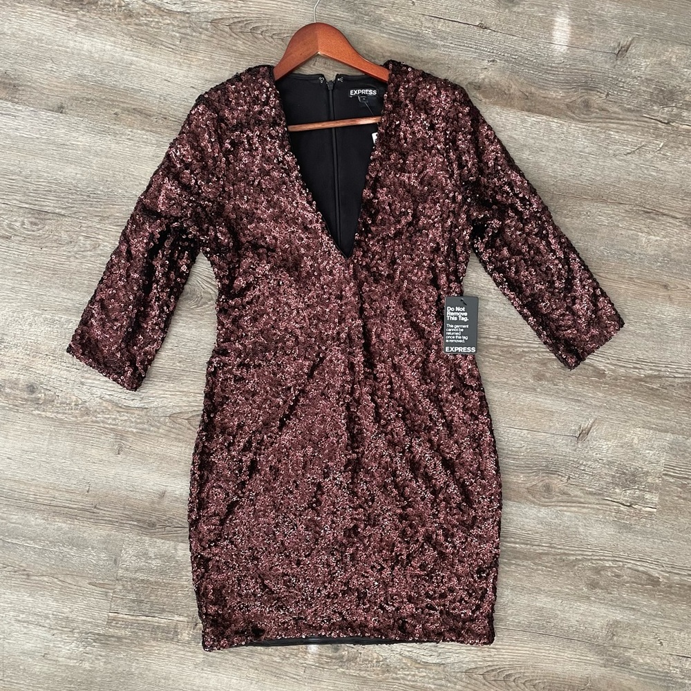 NWT! Express Wine deep V sequin mini dress